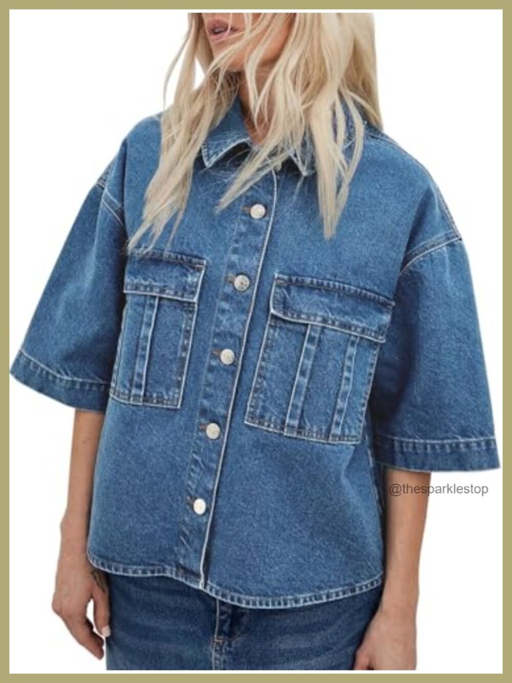 Oversized Short Sleeve Denim Jacket Women Cropped Jean Button Down Top